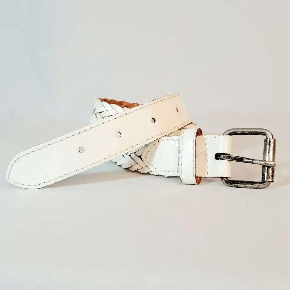 Womens White Leather Braided Belt Size Medium Roller Buckle Vintage Hong Kong